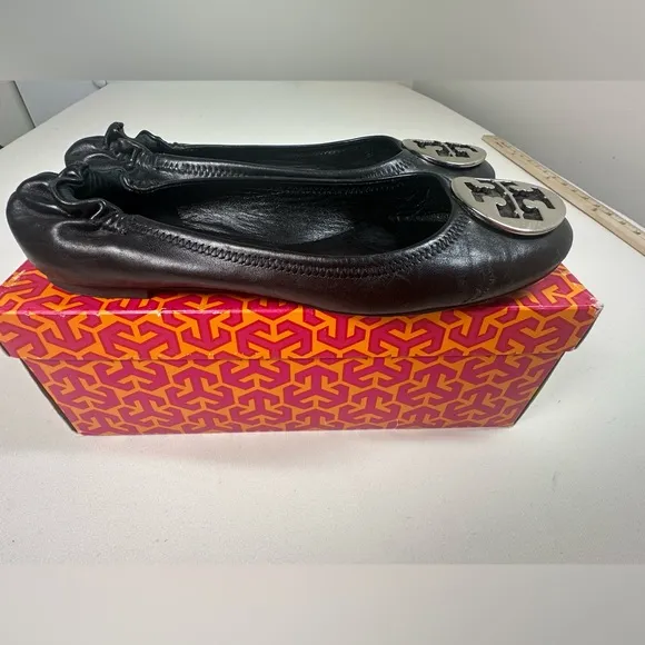Tory Burch Classic Reva Ballet Flats Black Silver Size 9.5 GUC