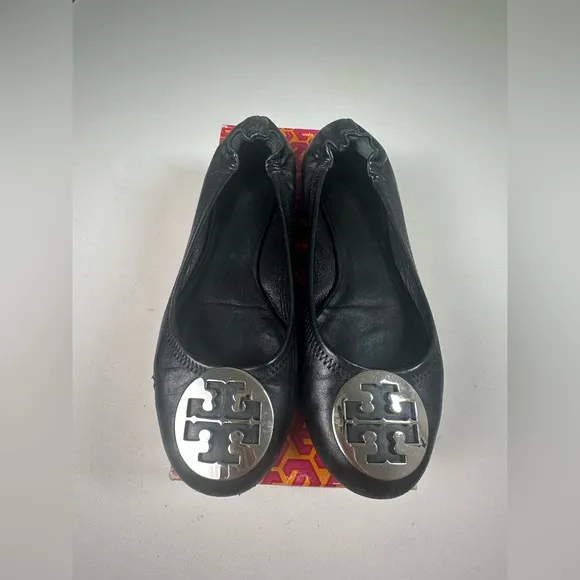 Tory Burch Classic Reva Ballet Flats Black Silver Size 9.5 GUC