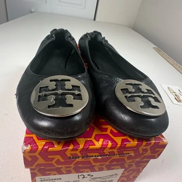 Tory Burch Classic Reva Ballet Flats Black Silver Size 9.5 GUC