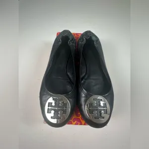 Tory Burch Classic Reva Ballet Flats Black Silver Size 9.5 GUC