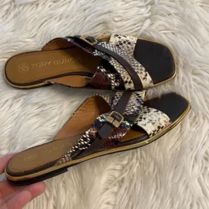 Tory Burch Delaney Crisscoss Flat SlideSandals Womens Size 9.5  Leather Logo