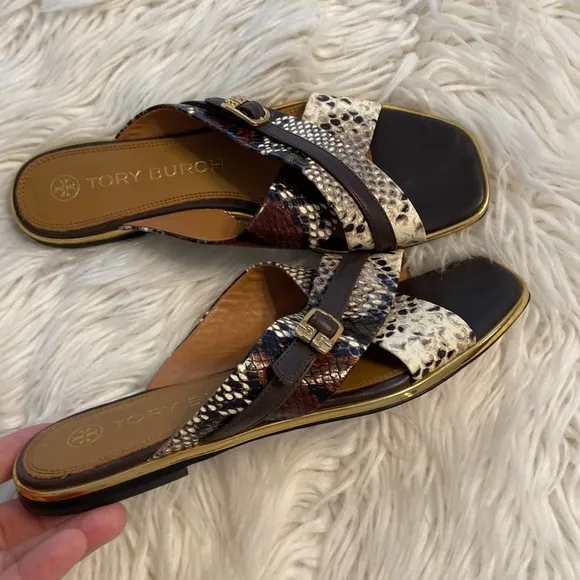 Tory Burch Delaney Crisscoss Flat SlideSandals Womens Size 9.5  Leather Logo