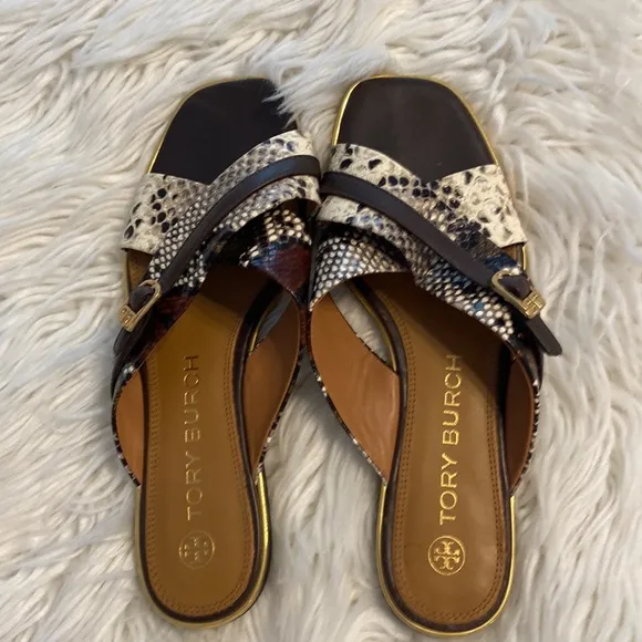 Tory Burch Delaney Crisscoss Flat SlideSandals Womens Size 9.5  Leather Logo