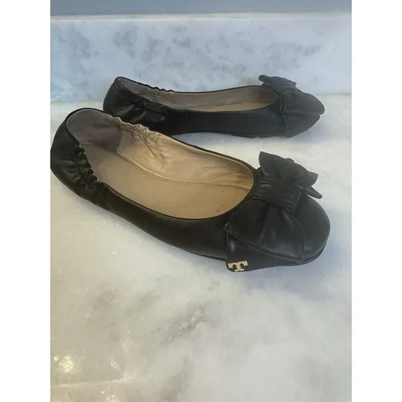 Tory Burch Divine Bow Logo Driver Black Leather Ballet Flats Size 7