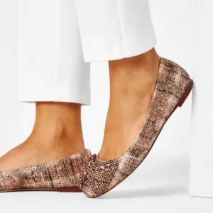 Tory Burch Flats Crystal Bow Tweed in Metallic Rose Gold Pink
