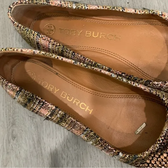 Tory Burch Flats Crystal Bow Tweed in Metallic Rose Gold Pink