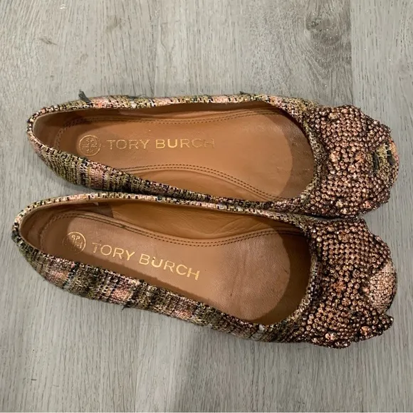 Tory Burch Flats Crystal Bow Tweed in Metallic Rose Gold Pink