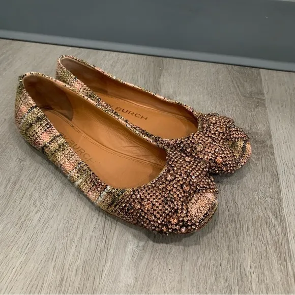 Tory Burch Flats Crystal Bow Tweed in Metallic Rose Gold Pink