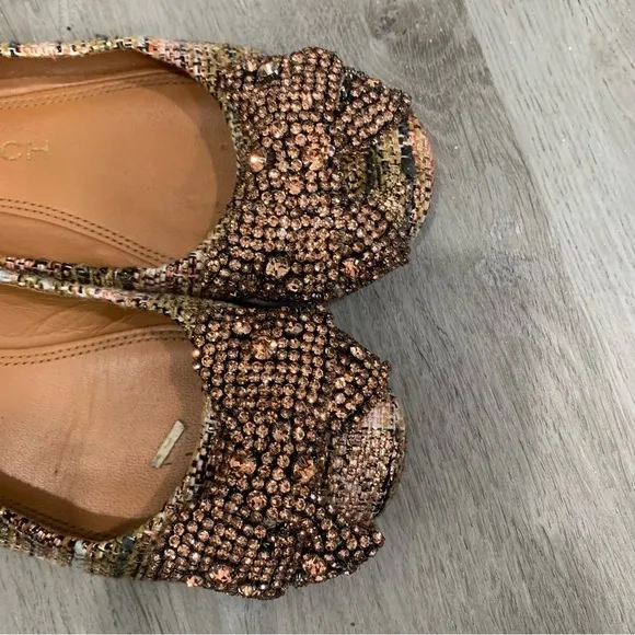 Tory Burch Flats Crystal Bow Tweed in Metallic Rose Gold Pink