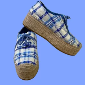 Tory Burch Florence Blue Check Plaid Platform Espadrille Sneakers Size 7