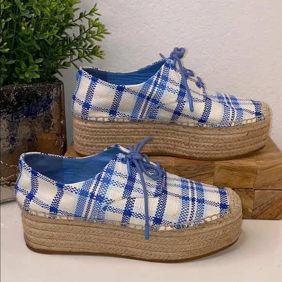 Tory Burch Florence Blue Check Plaid Platform Espadrille Sneakers Size 7