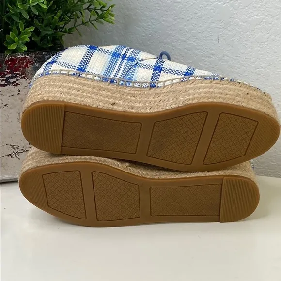 Tory Burch Florence Blue Check Plaid Platform Espadrille Sneakers Size 7