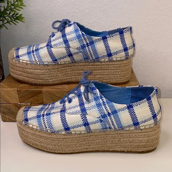 Tory Burch Florence Blue Check Plaid Platform Espadrille Sneakers Size 7