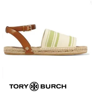 TORY BURCH Green Beige Stretch Canvas Leather Strap Flat Espadrilles Sz 10.5