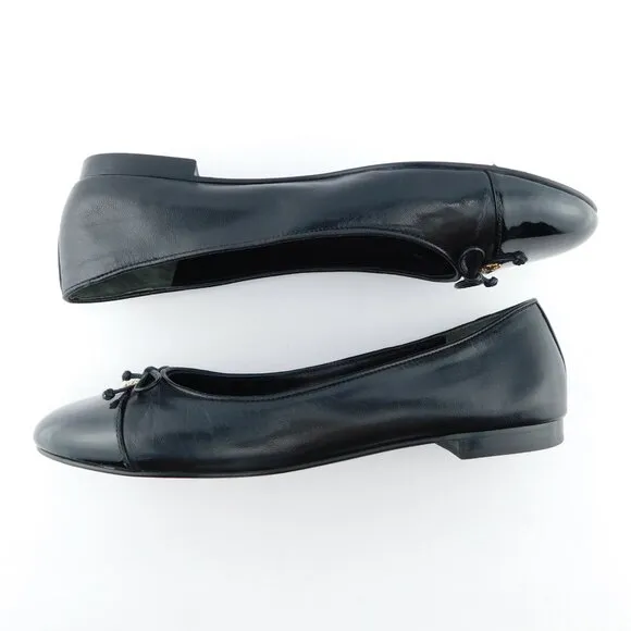 TORY BURCH Logo Bow Cap Toe Black Leather Ballet Flats 10