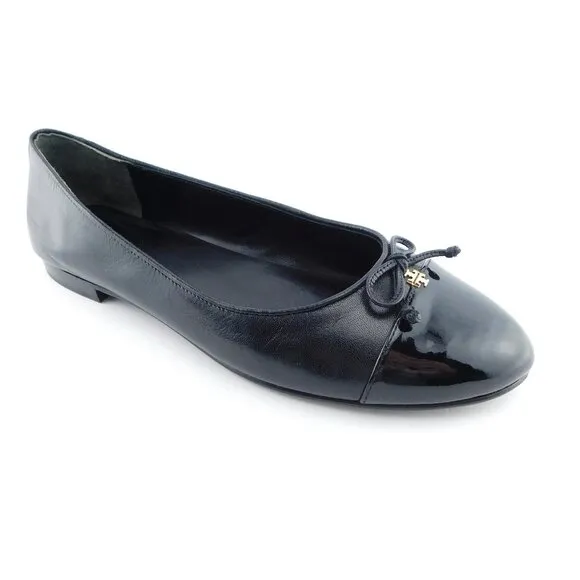 TORY BURCH Logo Bow Cap Toe Black Leather Ballet Flats 10