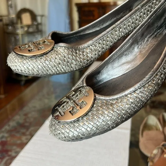 Tory Burch Lurex Silver Reva Ballet Flats 10M