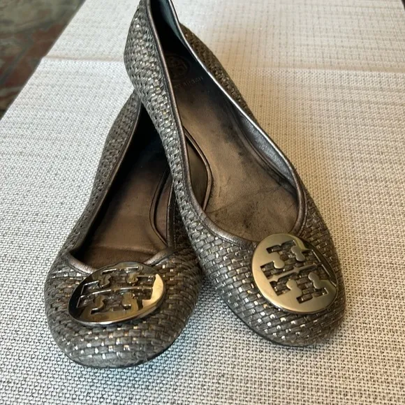Tory Burch Lurex Silver Reva Ballet Flats 10M