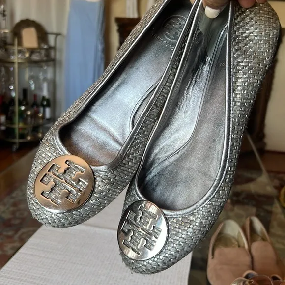 Tory Burch Lurex Silver Reva Ballet Flats 10M
