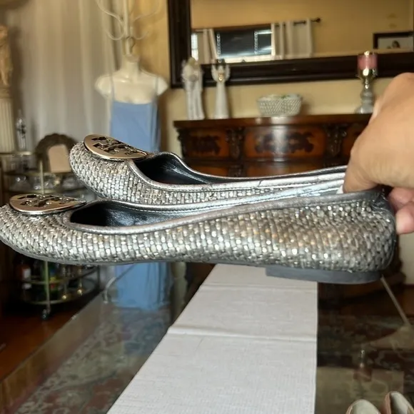 Tory Burch Lurex Silver Reva Ballet Flats 10M