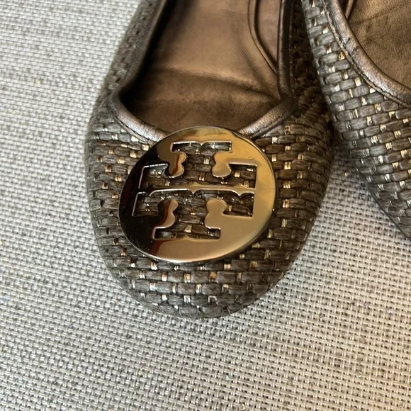 Tory Burch Lurex Silver Reva Ballet Flats 10M