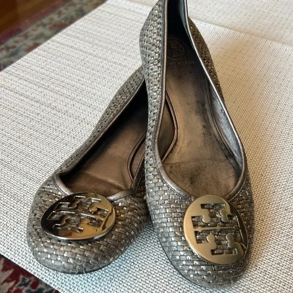 Tory Burch Lurex Silver Reva Ballet Flats 10M