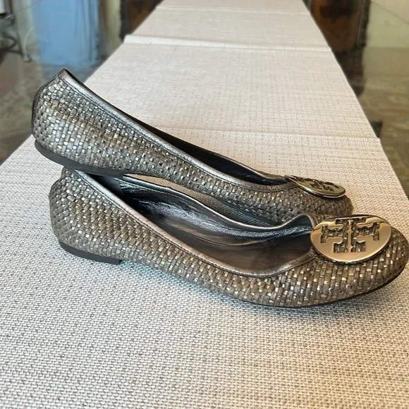 Tory Burch Lurex Silver Reva Ballet Flats 10M