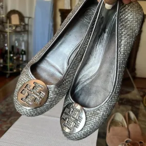Tory Burch Lurex Silver Reva Ballet Flats 10M