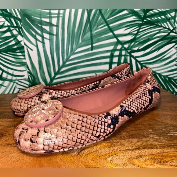 Tory Burch Meadowsweet Pink/Black Snake Embossed Leather Flats Women’s 8 M