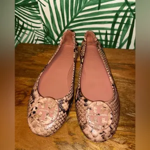 Tory Burch Meadowsweet Pink/Black Snake Embossed Leather Flats Women’s 8 M