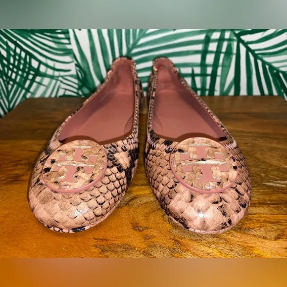 Tory Burch Meadowsweet Pink/Black Snake Embossed Leather Flats Women’s 8 M