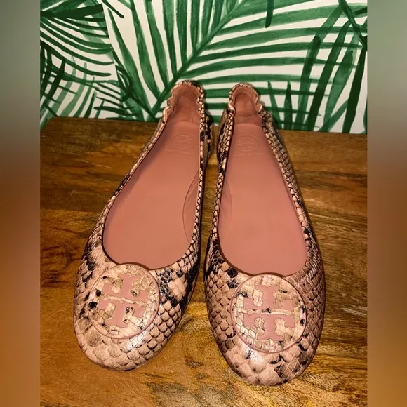 Tory Burch Meadowsweet Pink/Black Snake Embossed Leather Flats Women’s 8 M