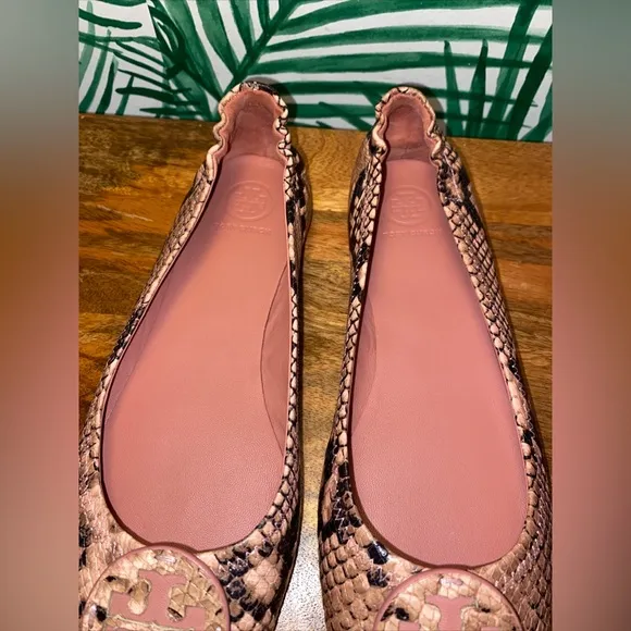 Tory Burch Meadowsweet Pink/Black Snake Embossed Leather Flats Women’s 8 M