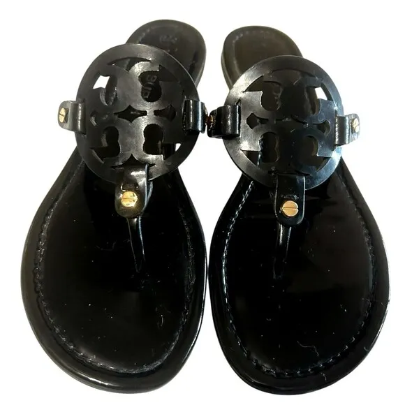 Tory Burch Miller Black Patent Leather Flat Thong Slide Summer Sandals Size 12