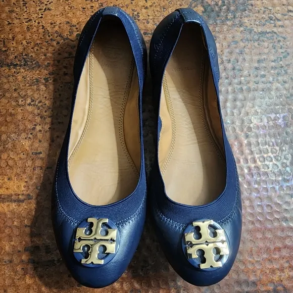 Tory Burch Nappa Leather Claire Elastic Ballet Flats in Royal Navy/Gold