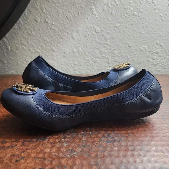 Tory Burch Nappa Leather Claire Elastic Ballet Flats in Royal Navy/Gold