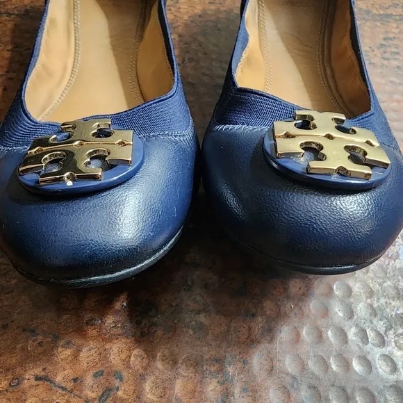 Tory Burch Nappa Leather Claire Elastic Ballet Flats in Royal Navy/Gold