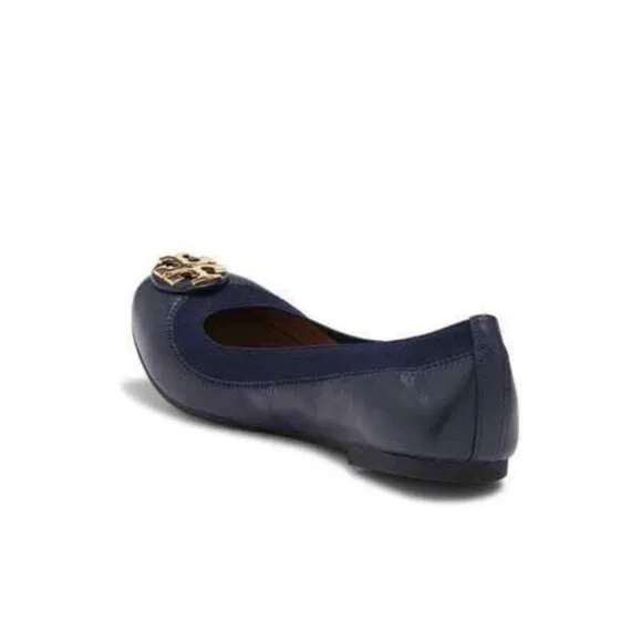 Tory Burch Nappa Leather Claire Elastic Ballet Flats in Royal Navy/Gold
