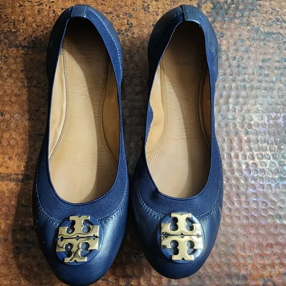 Tory Burch Nappa Leather Claire Elastic Ballet Flats in Royal Navy/Gold
