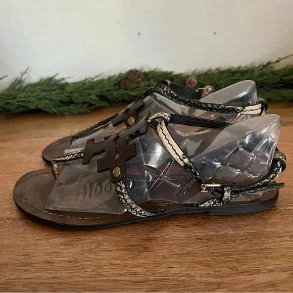 Tory Burch Phoebe Snake-Embossed Flat Sandals Brown Size 7.5 M