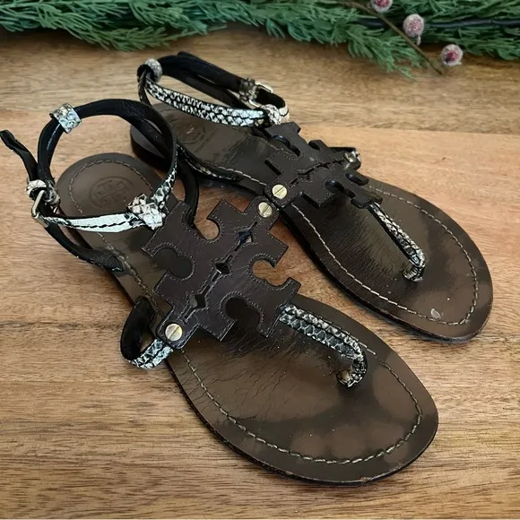 Tory Burch Phoebe Snake-Embossed Flat Sandals Brown Size 7.5 M