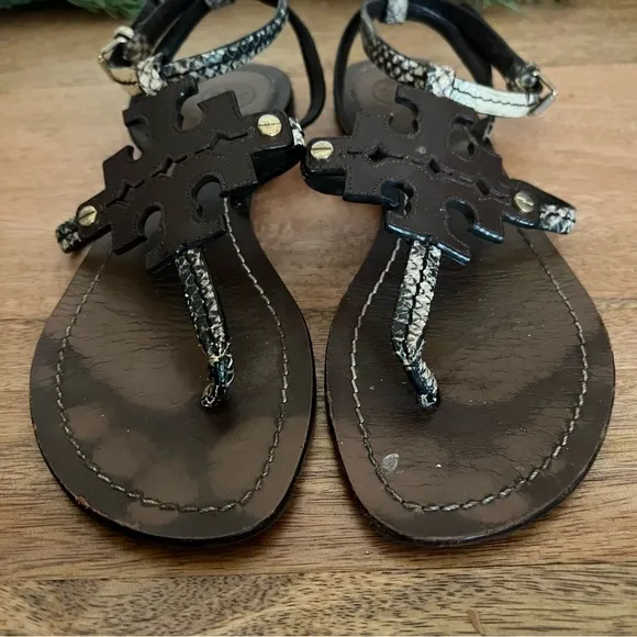 Tory Burch Phoebe Snake-Embossed Flat Sandals Brown Size 7.5 M