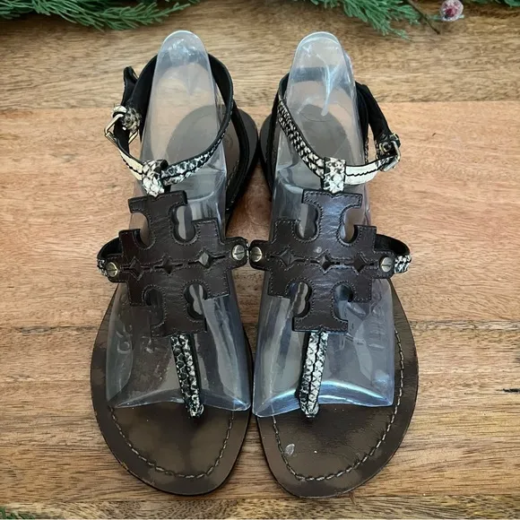 Tory Burch Phoebe Snake-Embossed Flat Sandals Brown Size 7.5 M