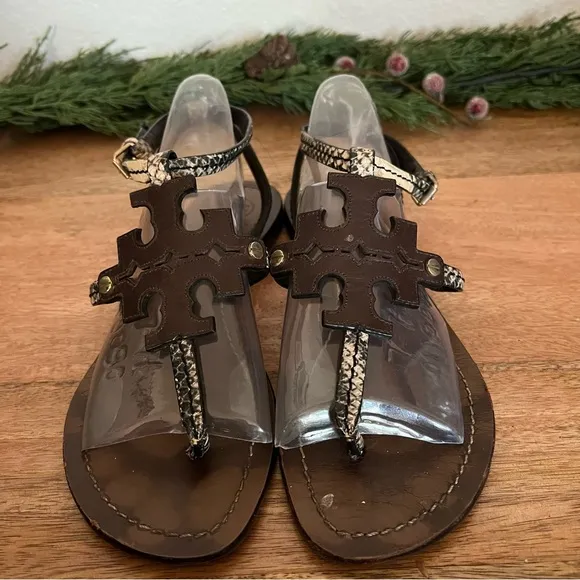 Tory Burch Phoebe Snake-Embossed Flat Sandals Brown Size 7.5 M