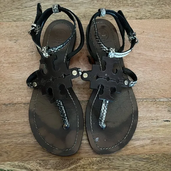 Tory Burch Phoebe Snake-Embossed Flat Sandals Brown Size 7.5 M