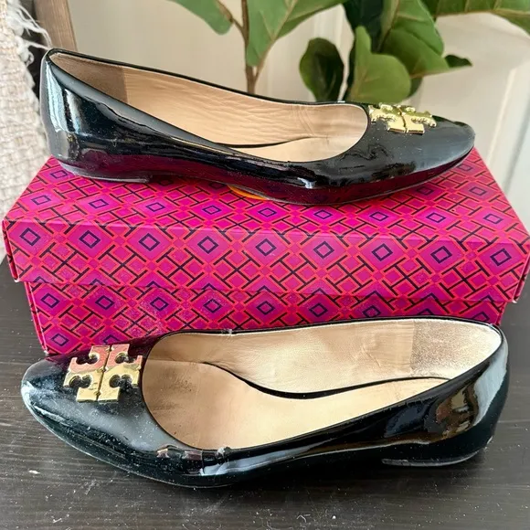 Tory Burch Raleigh Black Leather Ballet Black Gold Size 10