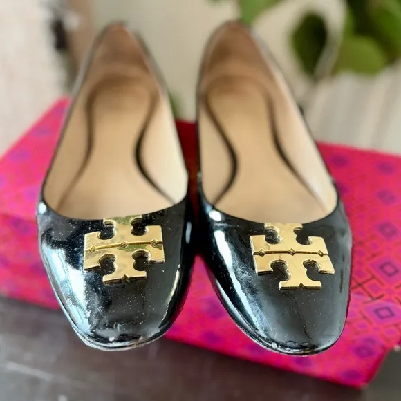 Tory Burch Raleigh Black Leather Ballet Black Gold Size 10
