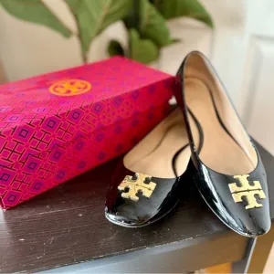 Tory Burch Raleigh Black Leather Ballet Black Gold Size 10
