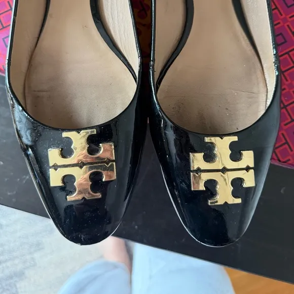 Tory Burch Raleigh Black Leather Ballet Black Gold Size 10