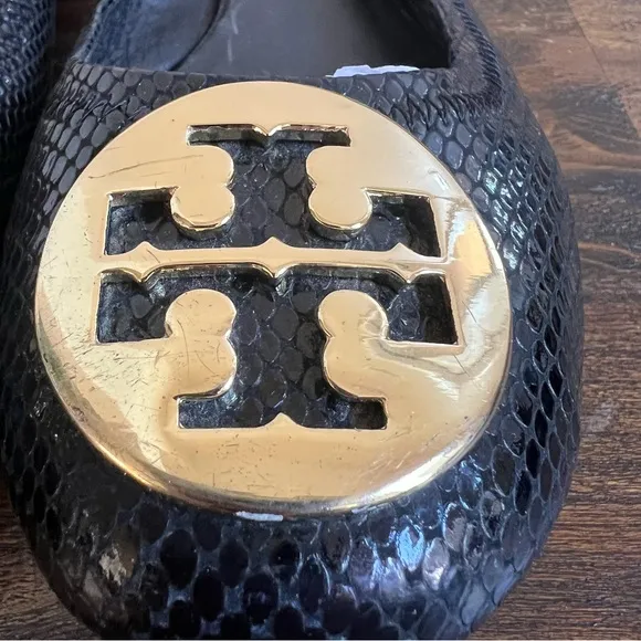 Tory Burch Reva Black Shiny textured Leather Ballet Flats US8